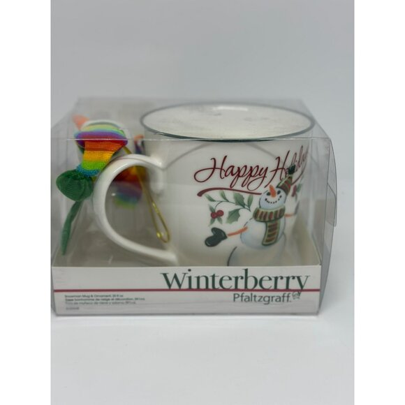 Pfaltzgraff Winterberry "Happy Holiday" Snowman Mug & Rainbow Ornament Set 20 oz - Picture 6 of 10